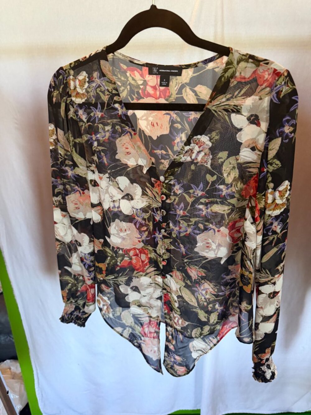 INC International Concepts Sheer Floral V-Neck Button Up Blouse S